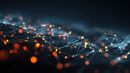 Colorful glowing nodes are interconnected by lines, creating an intricate digital network against a dark background. This visual evokes a sense of advanced technology and connectivity.の素材