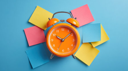 An eye-catching orange alarm clock is centered among vibrant sticky notes in yellow, pink, and blue on a bright blue backdrop. This arrangement symbolizes time management and organization.の素材
