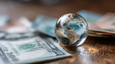A glass globe featuring the Americas rests atop a wooden desk surrounded by banknotes. The setting reflects a modern office, highlighting themes of finance, globalization, and work.の素材