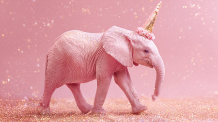 A young elephant adorned with a colorful party hat and floral decorations strolls through a shimmering pink setting, embodying joy and celebration during a fun event.の素材