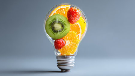 A light bulb filled with vibrant fruits including orange slices, strawberries, kiwi, and raspberries symbolizes innovation and freshness.の素材