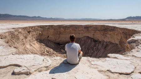 A person sits on the edge of a large sinkhole in a vast desert landscape, contemplating its depths. The sun is shining brightly, highlighting the barren terrain and distant mountains.の素材