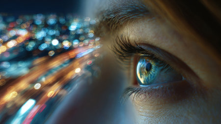 A person looks intently at the bustling city lights at twilight. The eye captures reflections, while the background blurs, emphasizing the vibrant urban atmosphere.の素材