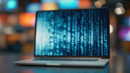A sleek laptop is open on a wooden desk, showing streams of binary code on its screen. The vibrant, blurred background hints at a lively office environment filled with colorful lights.の素材
