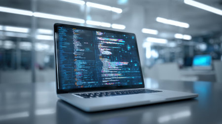 A sleek laptop sits on a reflective table, showing vibrant programming code on its screen. The contemporary office has a bright environment with a few workstations in the background.の素材