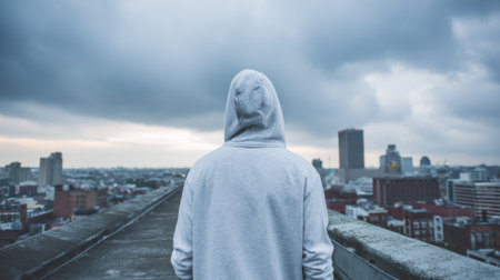 A person stands on a rooftop, gazing at the sprawling city below. The cloudy twilight sky adds a dramatic atmosphere to the urban landscape in the distance.の素材