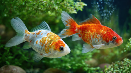 Two goldfish showcase their beautiful colors as they swim through a lively aquarium filled with greenery and decorative pebbles, creating a serene underwater atmosphere.の素材
