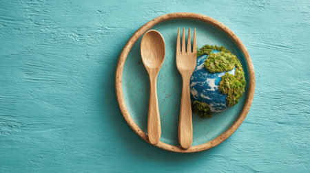 An artistic display featuring a miniature Earth made of moss and greenery sits on a round plate beside wooden utensils, symbolizing a commitment to sustainability and eco-friendly practices.の素材
