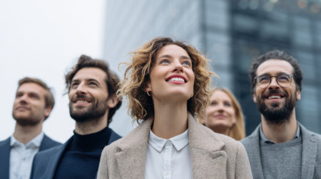 A group of six professionals stands outdoors in an urban area, gazing upward with smiles on their faces. Their expressions reflect optimism and ambition against a backdrop of modern buildings.の素材