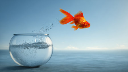 A vibrant goldfish jumps out of a glass bowl into the vast ocean under a clear blue sky. The tranquil water reflects the sunlight, creating a peaceful atmosphere.の素材