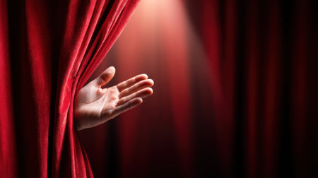 A hand reaches out from behind luxurious red velvet curtains, inviting the audience into a captivating theater performance. Soft light highlights the moment, creating intrigue.の素材