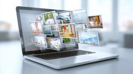 A laptop sits on a table, displaying vibrant photographs that appear to emerge from the screen, showing various scenes and memories. Light-filled room enhances the effect.の素材