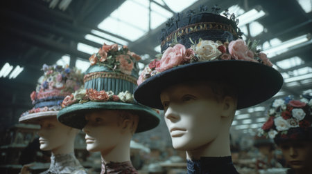Elaborately designed hats adorned with colorful flowers are showcased on elegant mannequins inside a well-lit artisan workspace. The atmosphere is creative and inviting, perfect for inspiration.の素材