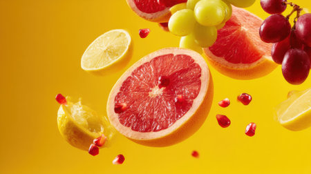 Various citrus fruits and grapes are floating against a bright yellow backdrop, showing vibrant colors and textures. The arrangement invites attention and evokes freshness.の素材