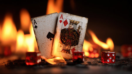 Two playing cards, an Ace of Spades and a King of Diamonds, sit amidst flames and red dice, creating a dramatic scene filled with tension and excitement.の素材