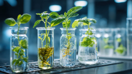 Small green plants thrive in clear glass jars filled with water illustrating growth processes.の素材