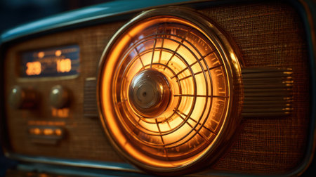 Soft golden light glows from a vintage radio filling the room with comforting tunes and memories.の素材