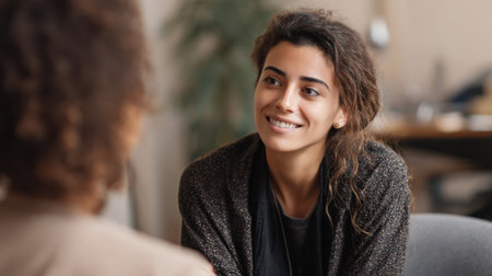 Two friends share a joyful moment deep in conversation surrounded by a relaxed atmosphere.の素材