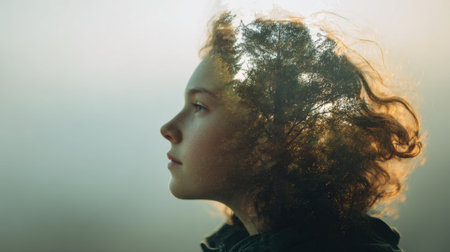 A girl with curly hair stands in profile, surrounded by a soft mist. The outline of trees merges with her hair, creating an ethereal atmosphere at sunrise.の素材
