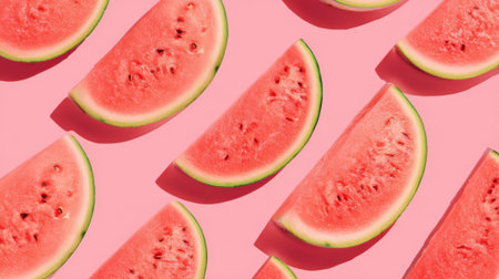 Juicy watermelon slices are displayed on a bright pink background, highlighting their refreshing look and the essence of summer. This arrangement brings a cheerful vibe to any setting.の素材