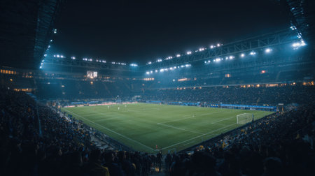 Intense soccer action unfolds at a large stadium filled with fans. Bright lights illuminate the field, creating a vibrant atmosphere as the game progresses under the night sky.の素材