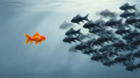 A bright goldfish navigates through a calm underwater environment, contrasting vividly with a group of dark fish swimming closely together. Sunlight filters through the water.の素材