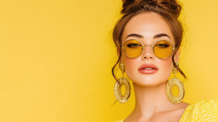 A confident woman showcases her style in a vibrant yellow outfit, complemented by round sunglasses and bold earrings, perfect for a contemporary fashion editorial.の素材