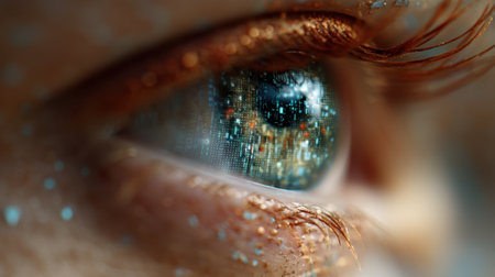 A close view of an eye shows a city reflection at night with bright lights and colorful buildings. The eye holds detail and depth while showing urban life.の素材