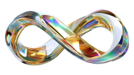 The sculpture shows an infinity symbol crafted from glass. The object has reflective surfaces and displays various colors under light. It is a decorative piece suitable for many settings.の素材