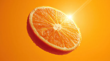 A slice of orange floats against a bright orange background while sunlight shines on it. The scene shows vibrant colors and a focus on the fruit's texture.の素材