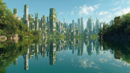 A city skyline with high buildings covered in greenery near a calm body of water. The sun shines brightly in the sky creating reflections in the water.の素材