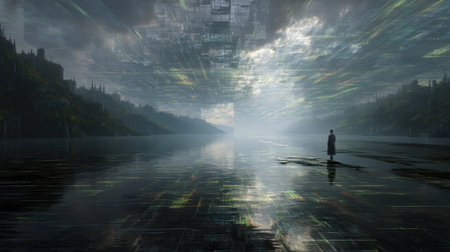 A person stands alone on a body of water surrounded by dark hills. Bright light shines from a distant point creating an abstract scene with a digital effect.の素材