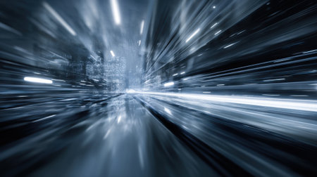 Lights and shapes move quickly creating a sense of speed. The scene shows an urban area at night with bright lights and dark buildings passing by. The effect suggests rapid motion.の素材