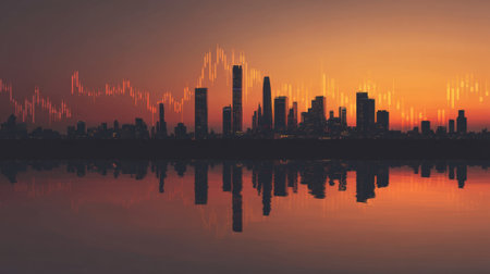 The skyline of a city is seen at sunset with colorful lights and reflections in the water. Financial data trends are shown over the skyline blending nature and finance.の素材