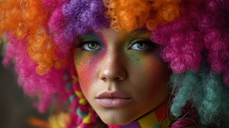 A person stands in front of a muted background. Their curly hair is bright with shades of pink orange and blue. The face has bold makeup with vibrant colors and facial dots.の素材