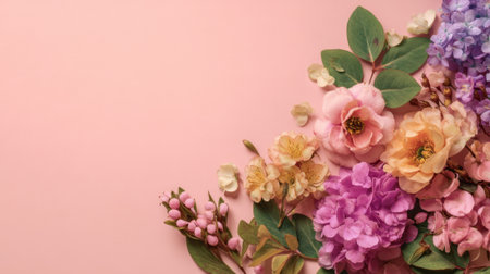 Colorful flowers are arranged neatly on a soft pink background. The scene shows a variety of flowers including roses lilacs and leaves. Bright natural light enhances the colors.の素材