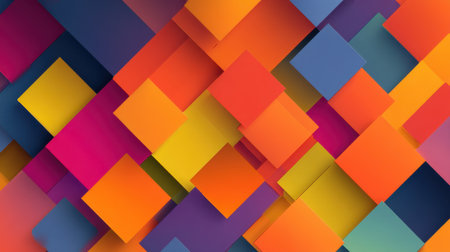 Various squares and rectangles in bright colors are arranged in a scattered pattern. The surfaces show a mix of hues like orange blue pink yellow and purple.の素材