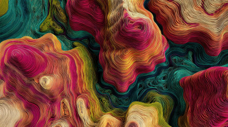 Vibrant patterns and swirls create an abstract scene filled with colors and textures. The work shows layers blending together with red yellow and green.の素材