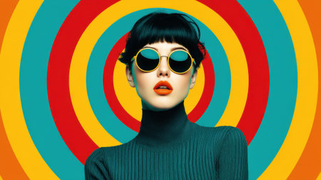 A model stands confidently wearing large round sunglasses. The background features bold circular patterns in blue red and yellow. The setting is a studio with bright lighting.の素材