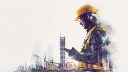 A worker in safety gear uses a mobile device at a busy construction site. Surrounding cranes and structures highlight ongoing activities in urban development.の素材