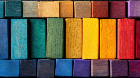 Wooden blocks are lined up in a rainbow pattern on a dark surface. The blocks show various colors and are used for educational play and creativity.の素材