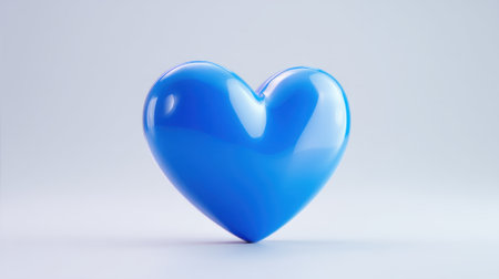 A shiny blue heart is centered in front of a plain backdrop. The heart has a smooth surface and reflects soft light creating a simple visual effect.の素材