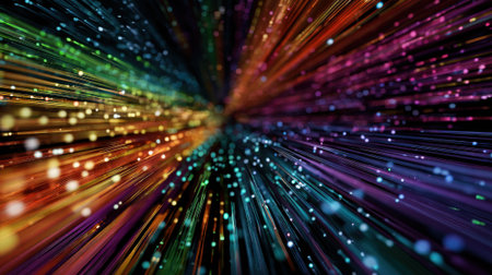 Light beams stretch across a digital space forming colorful lines. Bright dots appear along the lines creating dynamic patterns and motion. The scene is vibrant and engaging to view.の素材