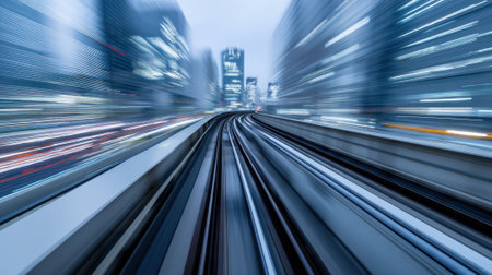 A train travels quickly on tracks in the city at night. The tall buildings light up the scene. The movement creates a blur effect showing the speed of the train.の素材