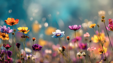 Flowers of various colors grow in a garden under blue skies. Sunlight touches the petals creating bright colors. Bees are buzzing around and the scene shows life in nature during springtime.の素材