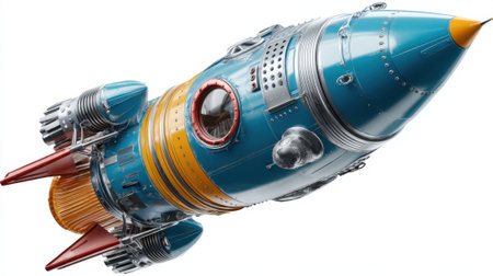 A rocket launches into space showcasing bright colors and intricate details. The rocket features fins engines and a shiny surface that captures attention and inspires imagination.の素材