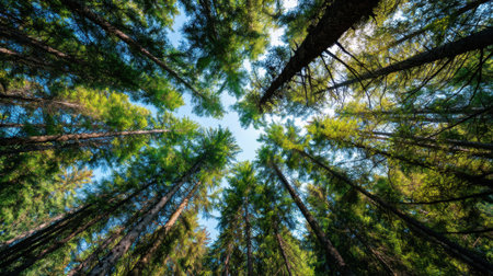 Tall trees stand upright stretching their branches towards the clear blue sky. Sunlight filters through the leaves creating a bright scene in a forest.の素材