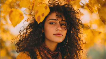 A young woman with curly hair looks toward the camera while surrounded by bright yellow leaves. The sunlight shines through the leaves creating a warm atmosphere.の素材