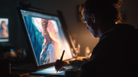 A person is drawing on a graphic tablet in a dimly lit studio surrounded by screens displaying creative work. The focus is on the artist's hand and the tablet as they create.の素材