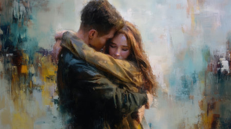 Two people are embracing in a colorful artwork. The background features abstract shapes and colors creating a vibrant atmosphere around them. Their faces show emotion and intimacy.の素材